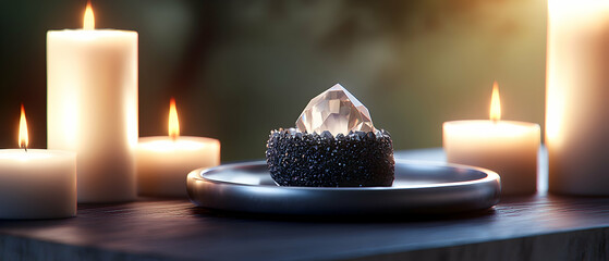 Crystal Dessert Displayed Among Candles