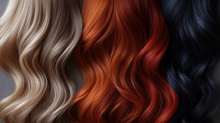 Fototapeta premium Different hair colors displayed side by side with wavy textures showcasing variety in styles and shades