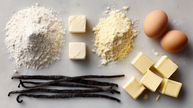 Flat lay of baked goods ingredients: flour, eggs, vanilla pods, butter cubes, scattered neatly - Powered by Adobe