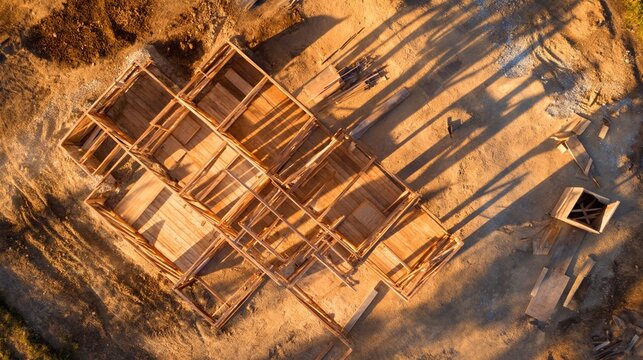 Wooden house frame under construction, aerial view at sunset with warm golden light and long shadows. A new home takes shape in the golden hour.