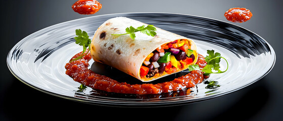 Colorful Vegetarian Burrito On White Plate With Red Sauce
