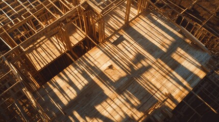 Wooden house frame under construction, aerial view at sunset with warm golden light and long shadows. A new home takes shape in the golden hour.
