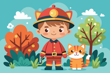 Naklejka premium Young firefighter in a playful landscape with a cat during a bright sunny day in autumn
