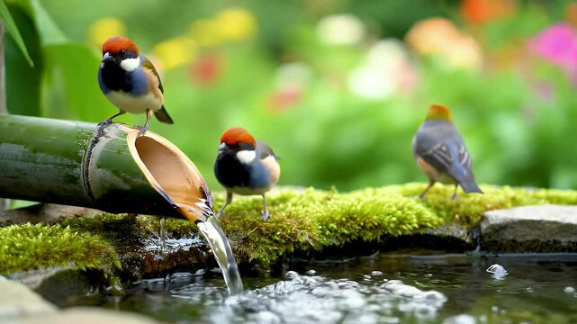 Three Small Birds at Bamboo Water Fountain in Garden