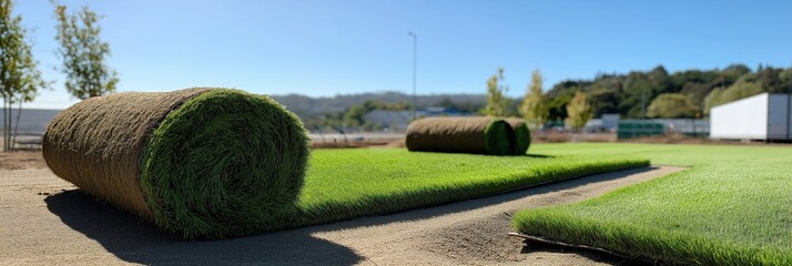 A roll of green grass is laying on the ground. The grass is rolled up and is in the middle of a field