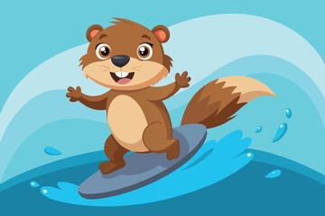 Cartoon animal surfing on a wave at the ocean during a sunny day