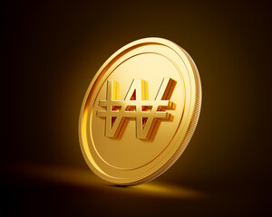 Golden Shiny Rounded Korean Won Coin On Shiny Golden Glow Background 3d Illustration