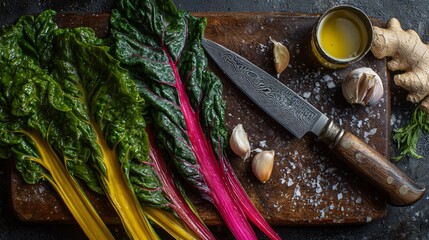 Flat lay of kitchen prep scene with rainbow chard, garlic, olive oil, and vintage knife