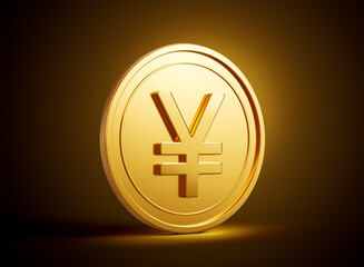 Obraz premium Golden Shiny Rounded Japanese Yen Coin On Shiny Golden Glow Background 3d Illustration