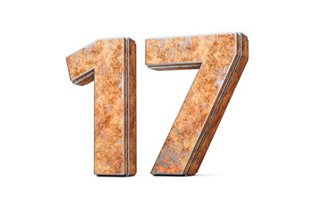 Number Seventeen 17 Digit Made Of Old Rusty Iron Metal Texture On White Background 3d Illustration