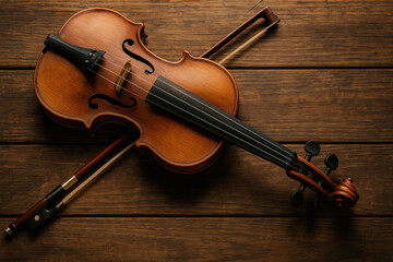 Fototapeta premium Violin and bow on wooden background.