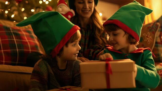 This picture shows the joy of Christmas, with children dressed as elves and sitting near a Christmas tree with their mother to open gifts, radiating holiday cheer.