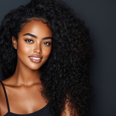 A woman with long curly hair wearing a black tank top