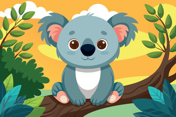 Cute koala sitting on a tree branch in a vibrant, colorful forest during the day