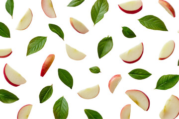 Red Apple Slices and Green Leaves Falling on Transparent Background, PNG