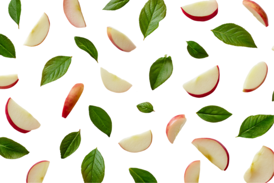 Red Apple Slices and Green Leaves Falling on Transparent Background, PNG
