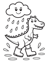 Dinosaur Walking in the Rain with Rubber Boots - Coloring Page