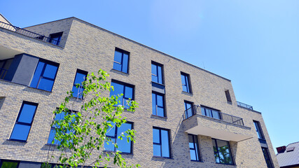 Eco architecture. Green tree and new residential building. Harmony of nature and modernity. Modern apartment building with new apartments in a green residential area.