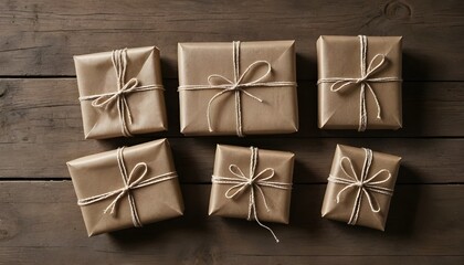 Set of Brown Wrapped Gifts Tied With Twine on Wooden Surface