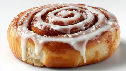 Warm cinnamon roll with icing on plain bright white background no shadows, high detail bakery photography
