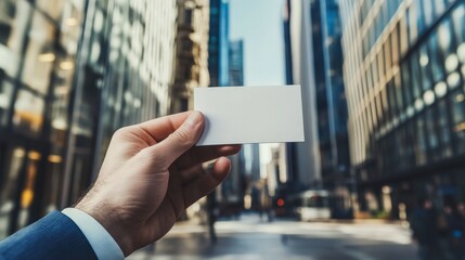 Businessman's hand close-up holding white business card mockup