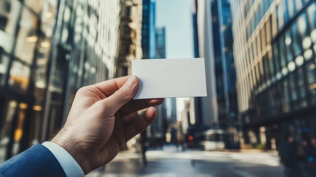 Businessman's hand close-up holding white business card mockup