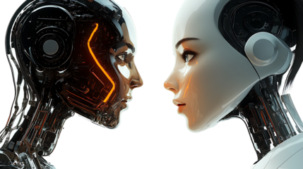 Artificial intelligence robot standing face to face artificial intelligence robot, isolated on a transparent background