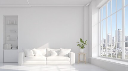 Bright minimalist living room with clean modern furniture and soft natural light, embodying serene Scandinavian simplicity.