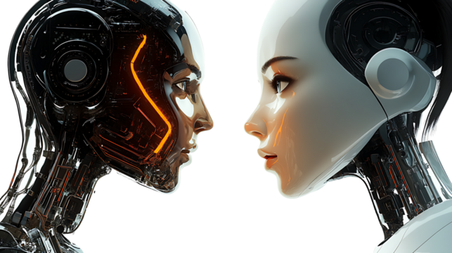 Artificial intelligence robot standing face to face artificial intelligence robot, isolated on a transparent background