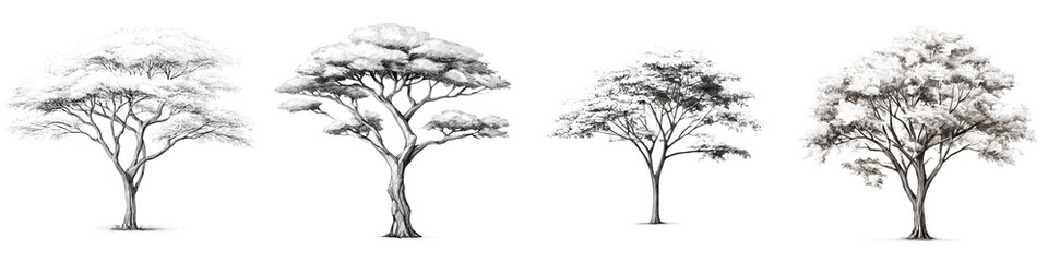 Diverse silhouettes of majestic, stylized trees in elegant, monochromatic shades showcasing adaptable forms and intricate branching that evoke a serene, natural environment