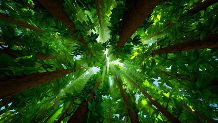 Fototapeta premium Looking up at trees in forest woodland nature green foliage sunlight
