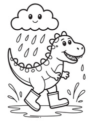 Dinosaur Walking in the Rain with Rubber Boots - Coloring Page