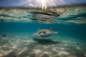 Fototapeta premium Underwater Stingray in Shallow Blue Water with Sunlight