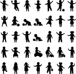Black silhouette collection of children playing running crawling and interacting in various ways