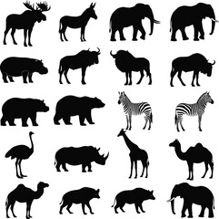 Black silhouette illustrations of various wild animals isolated on a white background