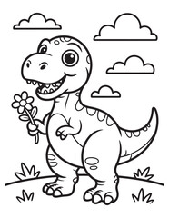 Cute Dinosaur Holding a Flower and Smiling in the Meadow - Dinosaur Coloring page