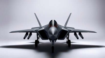 Fototapeta premium A stealth fighter jet with a gray fuselage, black canopy, and retractable landing gear, facing the camera against a white background