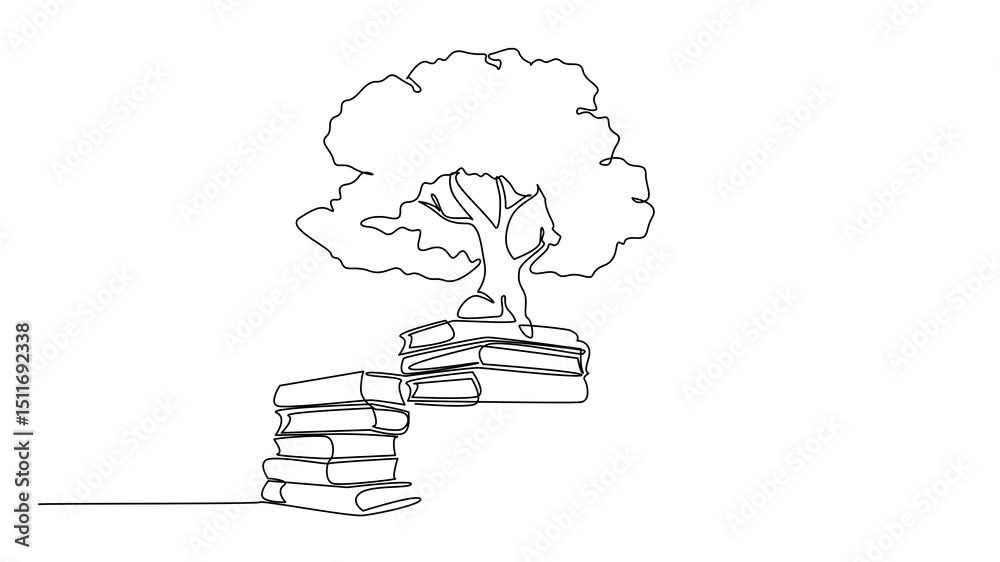 Poster self drawing animation of continuous line drawing several piles of books and in one of the piles of 