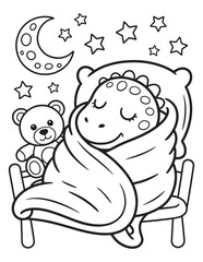 Sleepy Dinosaur Tucked in Bed Under the Stars - Coloring Page
