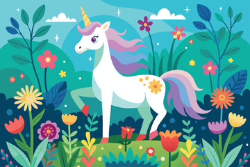 Colorful unicorn standing in a vibrant garden filled with flowers and lush greenery during a sunny day