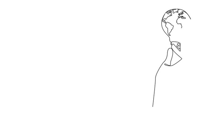Animation of one line drawing hand holding a bulb whose surface is like a globe. Symbolism of environmentally electricity. Bright future. Continuous line self drawing animated. Full length motion