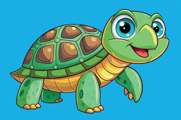Fototapeta premium Cheerful cartoon turtle on a vibrant blue background displaying friendly features and a playful demeanor