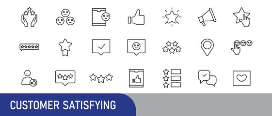 A collection of Customer satisfaction icons in line style. Feedback icons for web and mobile app. Containing rating, like, customer experience, review, client satisfaction and more