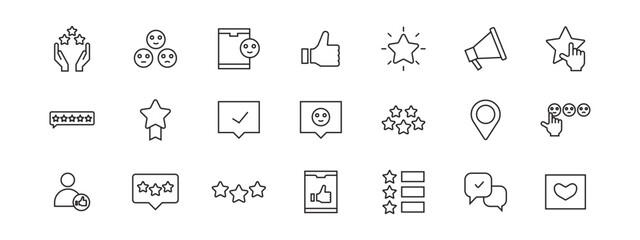 A collection of Customer satisfaction icons in line style. Feedback icons for web and mobile app. Containing rating, like, customer experience, review, client satisfaction and more