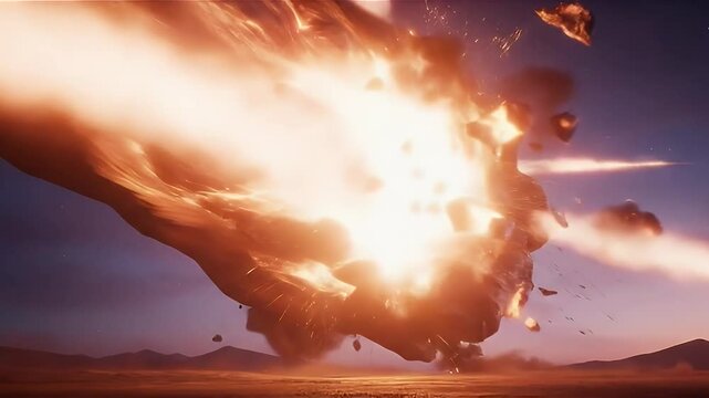 Fiery Object Impact Explosion on Barren Landscape