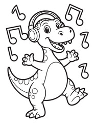 Music Loving Dinosaur Listening to Headphones and Dancing - Dinosaur Coloring Page