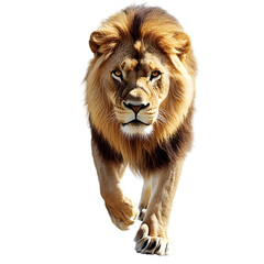 Obraz premium Majestic Lion Walking with Flowing Golden Mane on Black for Wildlife Safari and Animal Portrait Art