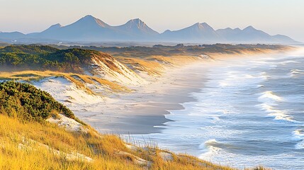 Dramatic Coastal Landscape with Mountains, Waves, and Sandy Beaches at Sunrise