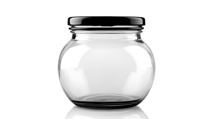 Clear glass jar with black lid isolated on white background perfect for food and product mockups