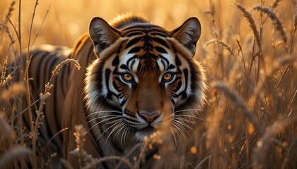 Naklejka premium A tiger stealthily moves through golden tall grass at sunset, bathed in warm light. A suspenseful and cinematic wildlife moment.